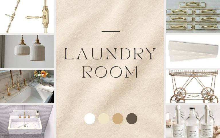 A stylish collage of laundry room design elements, including modern light fixtures, a marble sink, decorative storage containers, and decorative accessories, with the text 'LAUNDRY ROOM' prominently displayed in the center.