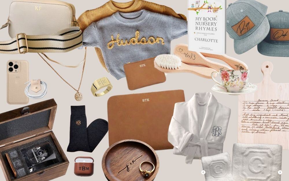 Personalized gift ideas featuring monogram accessories, custom jewelry, engraved keepsakes, and personalized gifts for her, him, and kids.