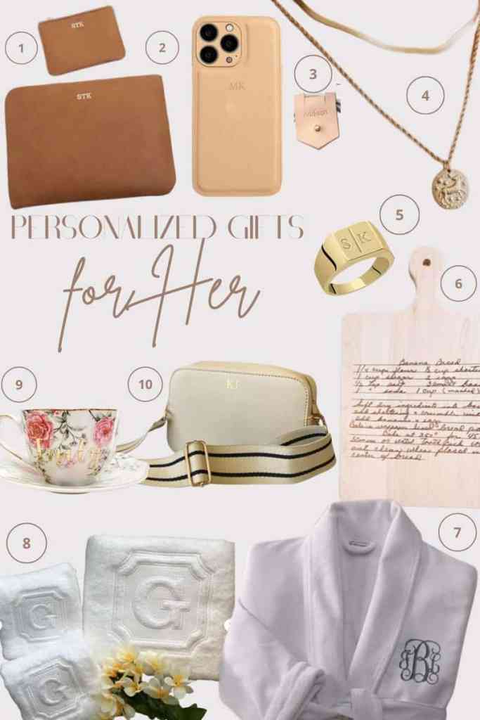 Personalized gifts for her including monogram jewelry, custom phone cases, engraved cutting boards, and thoughtful personalized accessories.