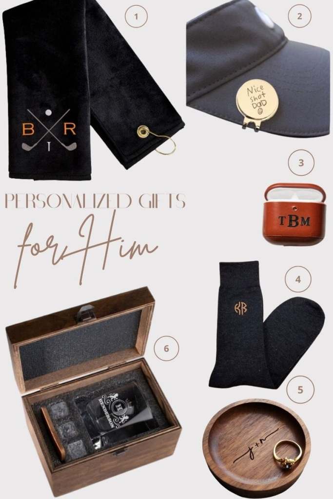 Personalized gifts for him including monogram socks, engraved glassware, custom accessories, and practical personalized gift ideas.