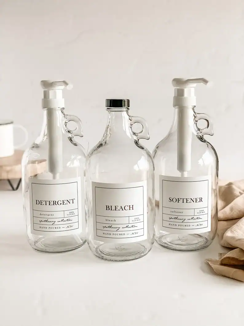 CLEAR 1/2 Gallon Jug - APOTHECARY Style, Laundry Bottles-Detergent, Softener, Bleach - Refillable Bottles with Labels - Half Gallon Growlers