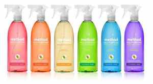 Method all-purpose cleaning sprays in colorful bottles for kitchen, bathroom, and surface cleaning