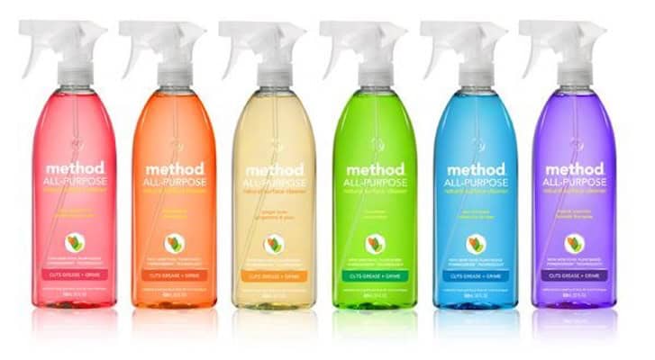 Method all-purpose cleaning sprays in colorful bottles for kitchen, bathroom, and surface cleaning