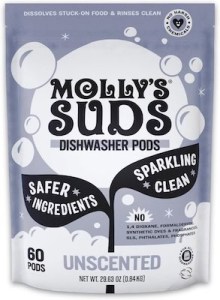 Molly Suds dishwasher pods unscented natural dish detergent for clean dishes without residue