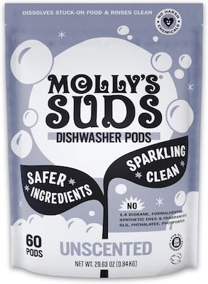 Molly Suds dishwasher pods unscented natural dish detergent for clean dishes without residue