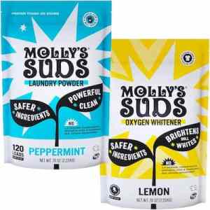 Molly Suds laundry powder and oxygen whitener natural detergent for effective stain removal and clean laundry