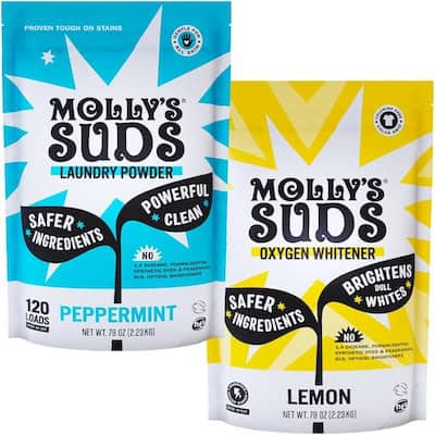 Molly Suds laundry powder and oxygen whitener natural detergent for effective stain removal and clean laundry