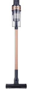 A modern upright vacuum cleaner with a transparent dust container and a sleek design featuring a rose gold and black color scheme.