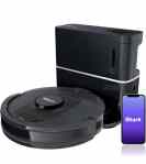 A black robotic vacuum cleaner with home mapping, self emptying 30 day capacity, HEPA bagless filter and wifi