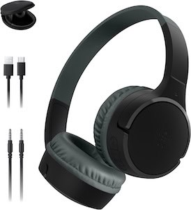 A pair of black wireless headphones with cushioned ear cups, accompanied by a charging cable and an auxiliary cable.