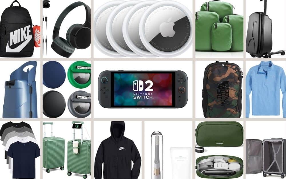 Boys travel essentials for summer including backpacks, headphones, AirTags, packing cubes, carry-on luggage, and kids travel gear; including a Nike backpack, headphones, Apple AirTags, green packing cubes, a black suitcase, a Nintendo Switch console, and clothing items such as t-shirts and a hoodie.