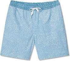 Light blue boys' beach shorts with white polka dots, perfect for summer vacations.