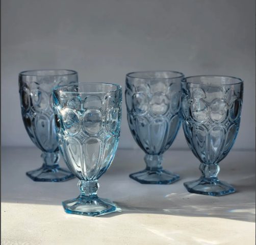 Fostoria Moonstone footed water goblets or iced tea glasses in light blue set of four