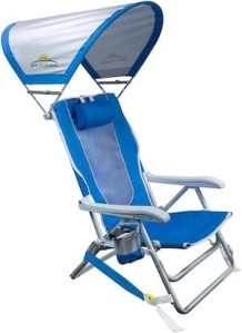 Portable beach chair with canopy, ideal for summer travel and outdoor relaxation.