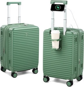 Green travel luggage with integrated USB charger and cup holder for kids' summer vacation.