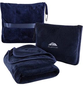 BlueHills Premium Soft Travel Blanket Pillow Airplane Blanket Packed in Soft Bag Pillowcase with Hand Luggage Belt and Backpack Clip, Compact Pack Large Blanket for Any Travel (Navy Blue T002)