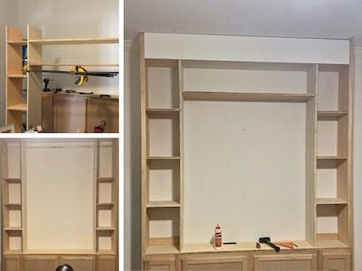 Progress photos of a custom-built shelving unit, featuring a central empty space flanked by shelves on both sides.