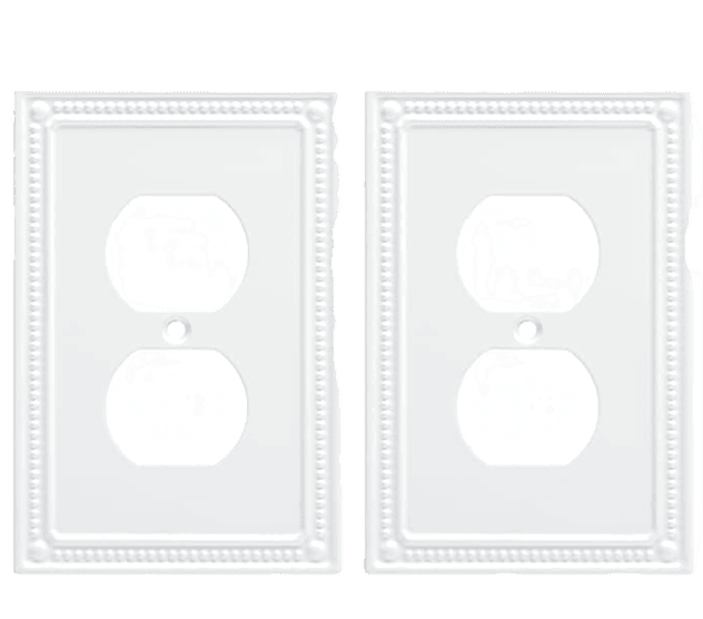 an image of white metal decorative beaded duplex outlet cover