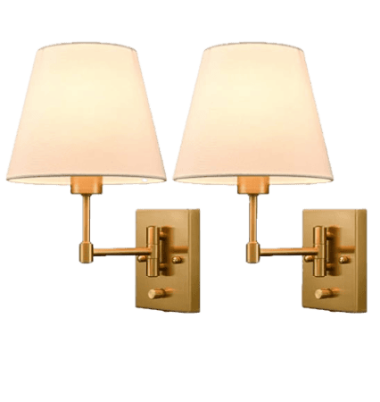 an image of Set of Two Beige Shade Brass Swing Arm Wall Lamp with Plug-in Cord Wall Mount