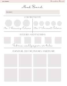 Mood board template for project planning with sections for color palette, textures, patterns, and furniture or decor items.