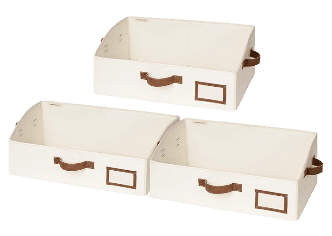 an image of a set of 3 ivory fabric Closet Baskets with brown faux leather handles in size 19.75"L x 11"W x 7.75"H