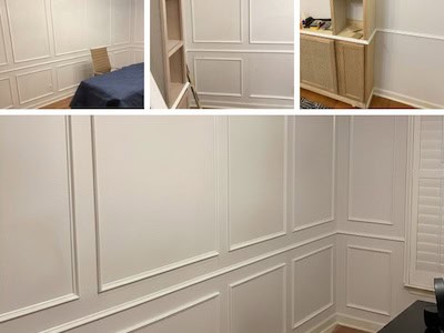 Interior wall featuring decorative paneling with a white finish, including multiple angles of the design and furniture placement.