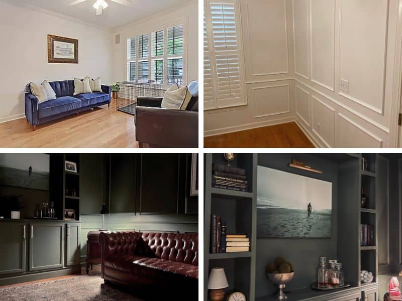Top left: A cozy living room featuring a blue velvet sofa with multiple pillows and a decorative wall art piece.
