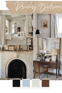 Collage of primary bedroom design elements including a traditional bedroom with a canopy bed, light gray walls with gold-framed art, a black wall sconce, a vintage fireplace with white stone and black iron details, and a dark wood desk with brass accents. The color palette features neutral shades of black, light blue, cream, and brown.