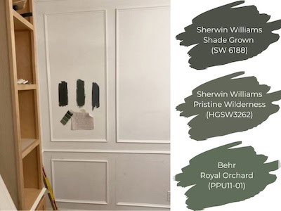 A wall showcasing three paint color samples with labels: Sherwin Williams Shade Grown (SW 6188), Sherwin Williams Pristine Wilderness (HGSW3262), and Behr Royal Orchard (PPU11-01).