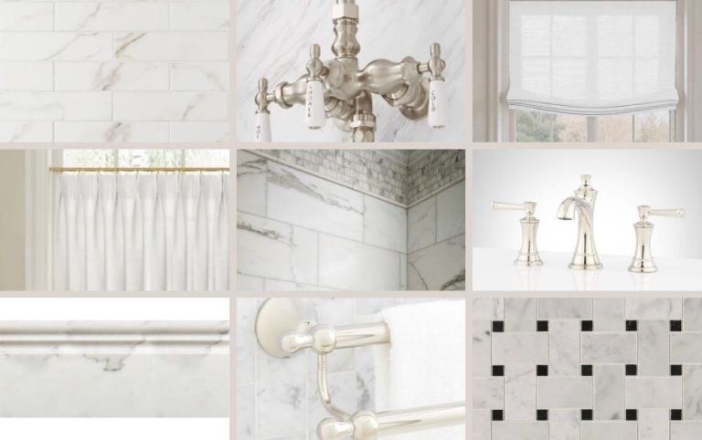 COLLAGE OF PRODUCT IMAGES FOR A PRIMARY BATH REMODEL FEATURING MARBLE TILE AND PLISHED NICKEL FINISHES