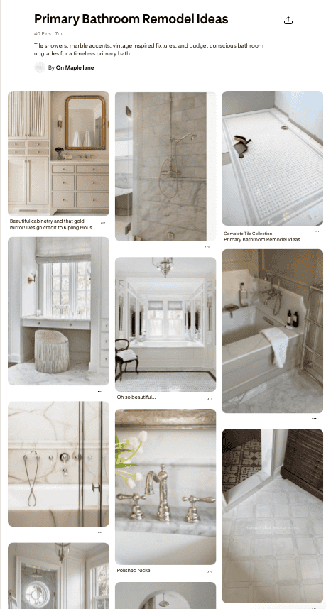 A collage of primary bathroom remodel ideas featuring various design elements such as tile showers, marble accents, and vintage fixtures.