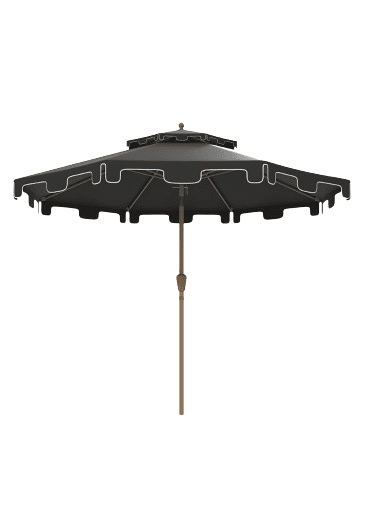 Patio umbrella with a cantilever design, featuring dark gray fabric with scalloped edges. The umbrella is positioned to the side, providing shade over a seating area