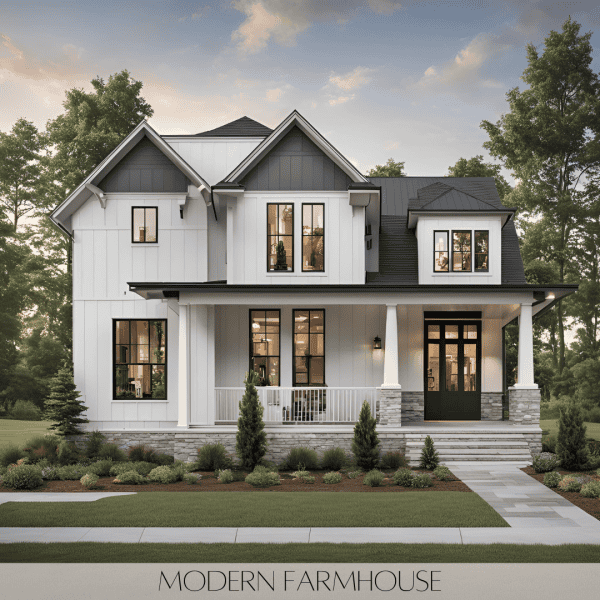 Modern Farmhouse: A more updated version of the classic farmhouse, modern farmhouse-style homes mix rustic features like exposed beams and shiplap with sleek, contemporary finishes and open layouts.