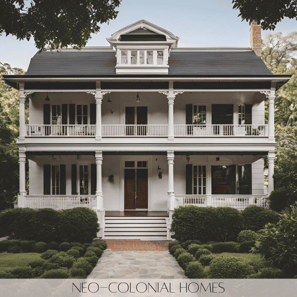 Neo-Colonial Homes:Neo-Colonial homes take inspiration from traditional Colonial designs but add contemporary twists such as updated windows, less ornate trims, and simplified layouts that favor open-concept living.