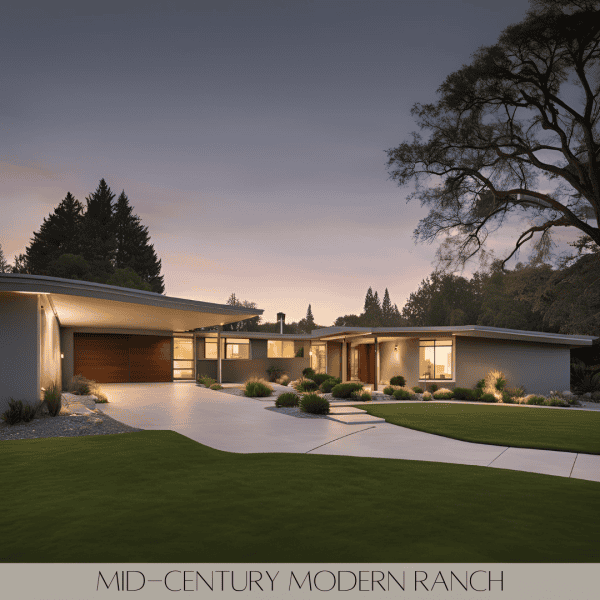 Mid-Century Modern Ranch: This hybrid design includes clean lines and a simple structure from mid-century modern styles, but with transitional elements like traditional furnishings or neutral color schemes that soften the look.