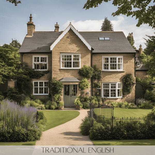 Cozy Traditional English cottage with rich fabrics and floral patterns.
