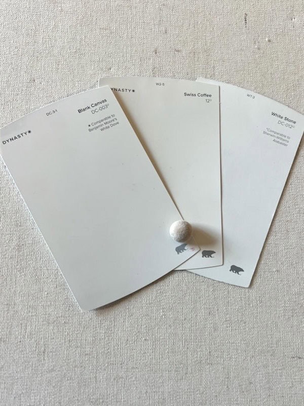 Behr Blank Canvas Swiss Coffee and White Stone paint swatches comparison