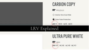 Light reflective value (LRV) is a way to measure how much visible light a paint color bounces back, on a scale from 0 to 100.