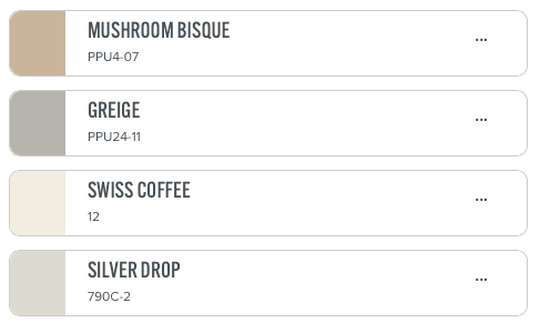 Behrs top neutral paint colors, featuring Mushroom Bisque, Greige, Swiss Coffee and Silver Drop. 