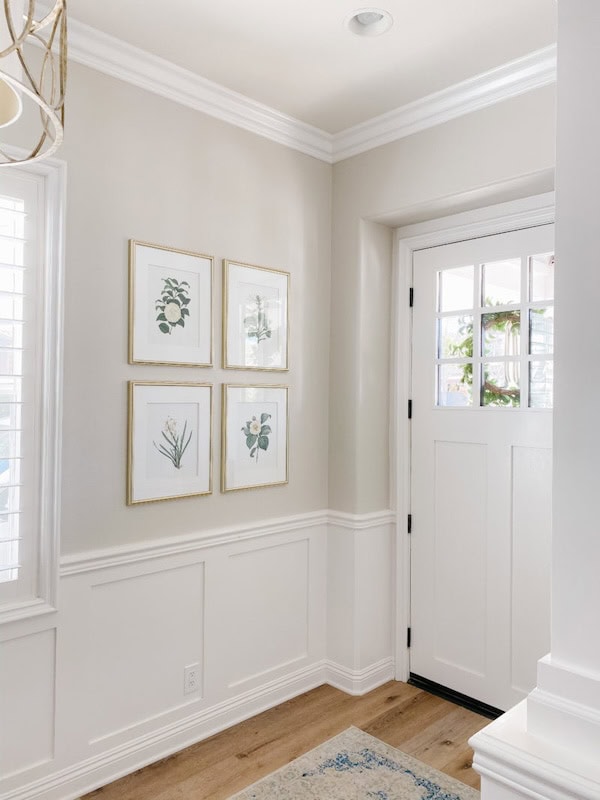 A modern entryway featuring a front door with glass panels, beige walls, and white paneling. Four framed botanical prints are displayed on the wall next to the door.