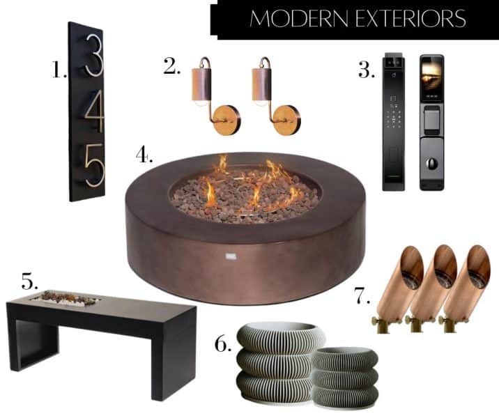 A modern exterior decor collection featuring a smart door with a built-in camera, copper gooseneck sconces, metallic house numbers, a planter bench, fluted bubble planters, copper landscape lighting, and an aged bronze firepit/coffee table for a sleek, functional design.