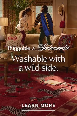A cozy living room featuring children playing on a vibrant zebra-printed rug, with a couch and decorative elements. The text promotes Ruggable's washable rugs in collaboration with Salamandre.