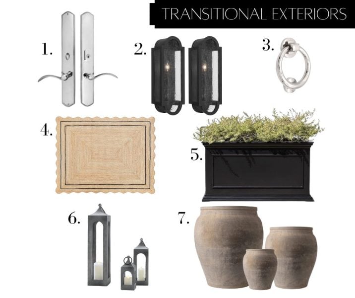 Transitional exterior decor inspiration with satin nickel door hardware, a matching ring door knocker, Antiqued Glass Outdoor Wall Sconces, a scalloped entryway rug, traditional black planter, cement lanterns, and aged planter pots, combining classic and modern elements for a balanced home design