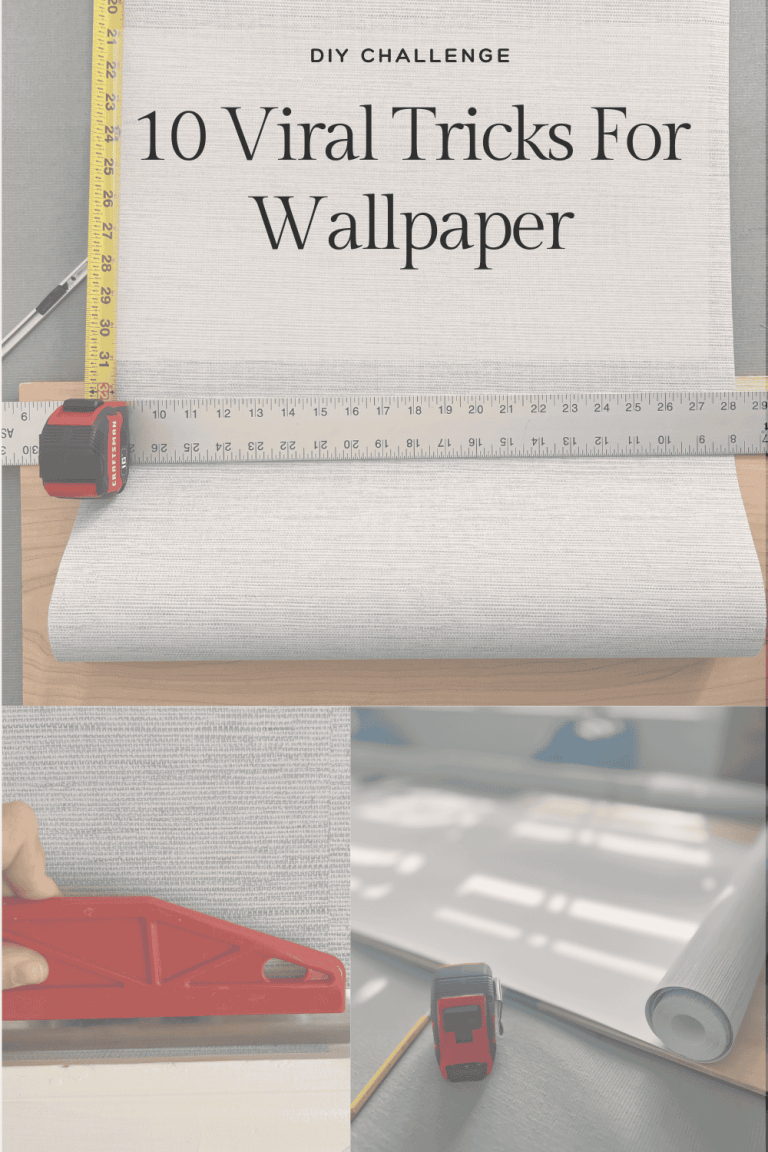 Image featuring a measuring tape and wallpaper roll, with text overlay '10 Viral Tricks For Wallpaper' in a DIY challenge theme.