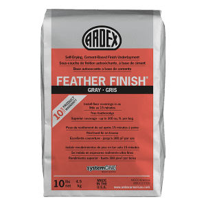 Packaged bag of ARDEX Feather Finish, a self-drying, cement-based underlayment. 