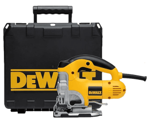 DEWALT DW331K 6.5-amp corded top-handle jigsaw with black grip and yellow body for precision woodworking and curved cuts.