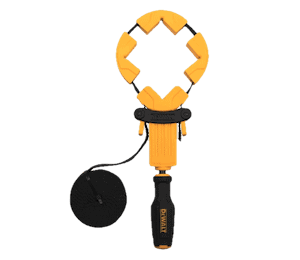 A yellow and black measuring tool with a circular clamp and a handle, used for measuring pipe diameters or similar applications.