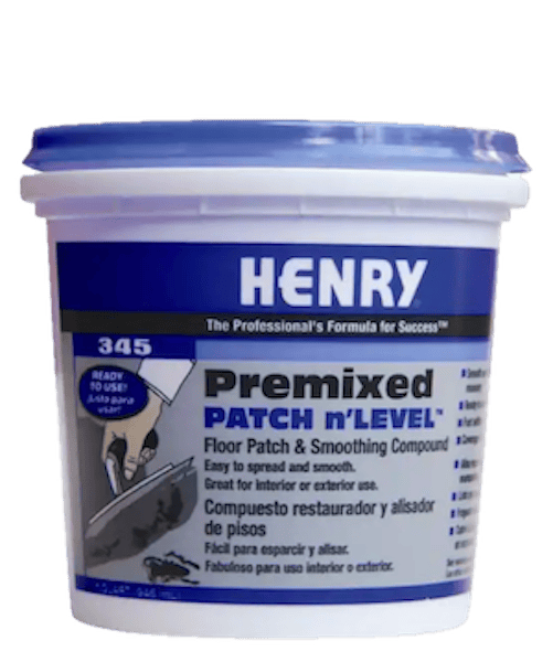 A blue bucket of Henry Premixed Patch n'Level floor patch and smoothing compound, labeled for interior and exterior use.