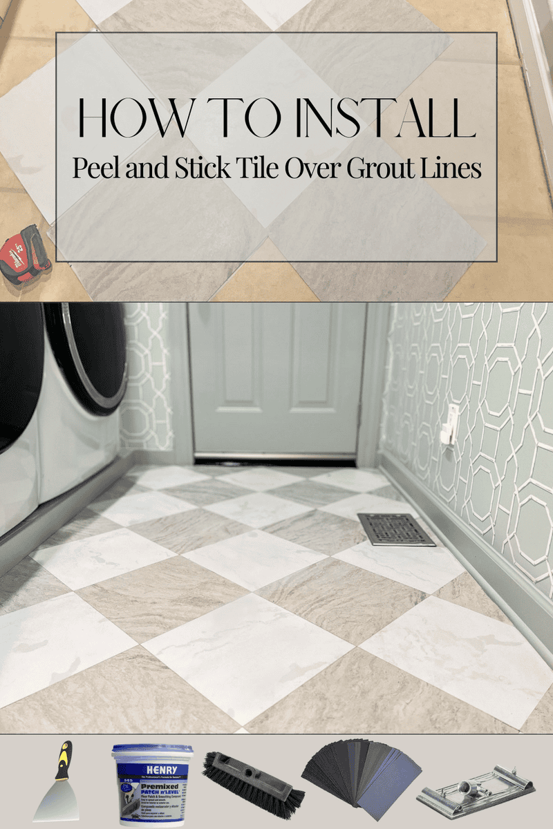 Peel-and-stick tile installed over grout lines in a laundry room, showing a checkerboard floor pattern with prep tools used for installation.