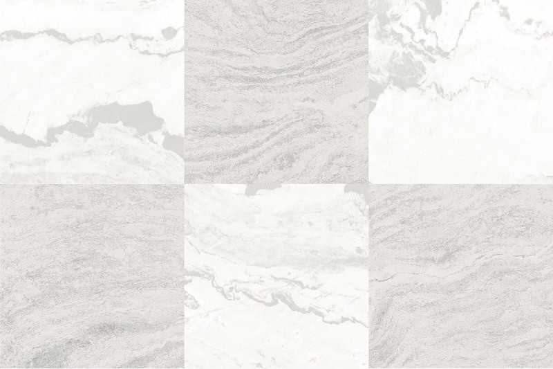 A pattern of six marble tiles arranged in a grid, featuring a mix of white and light gray swirling textures.